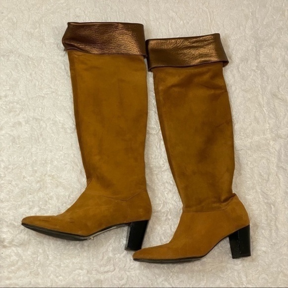ROBERT Clergerie Honey Color Suede And Leather tall Boots sz 7.5B - Picture 1 of 8